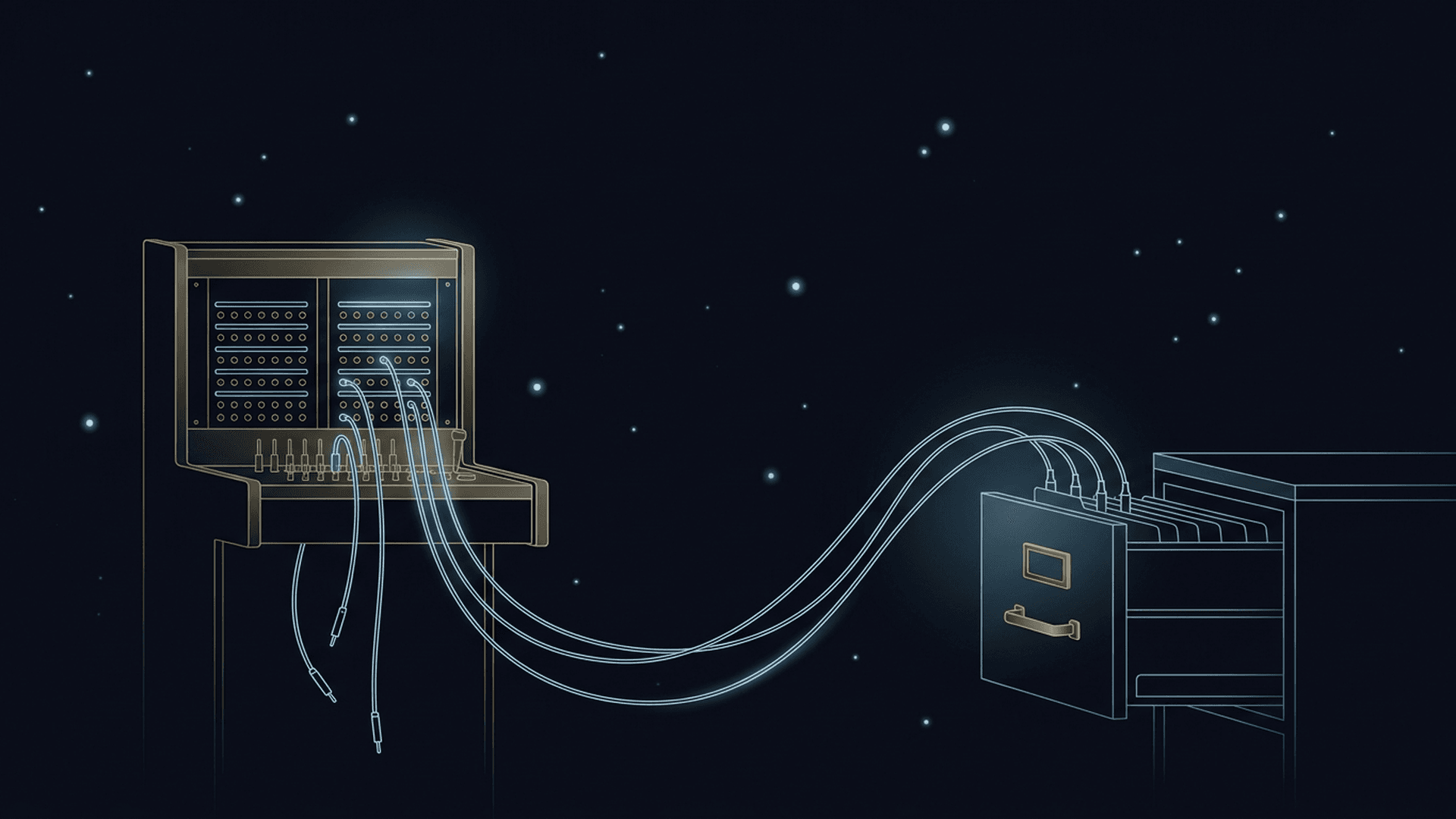 Illustration of an antique telephone switchboard: several cables plug into a filing drawer, others