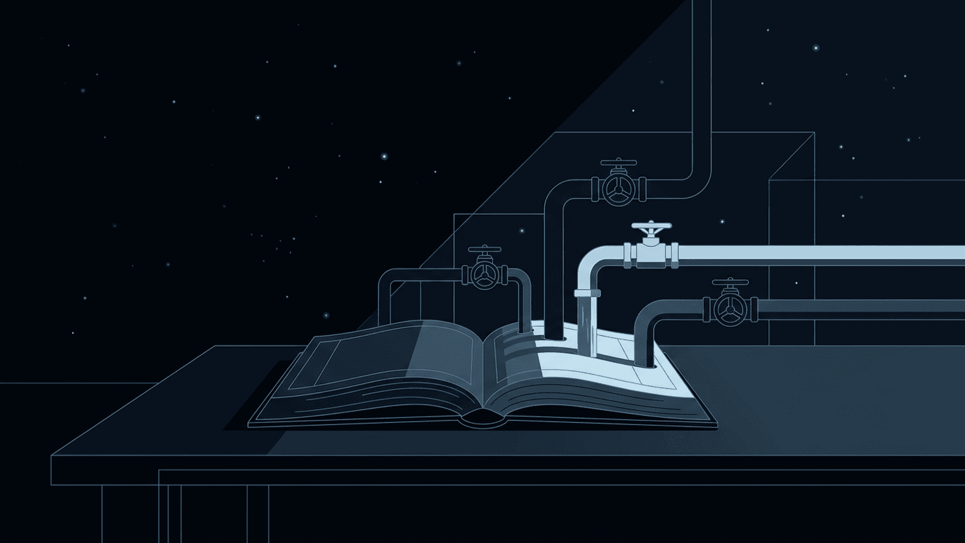An open ledger book on a desk with several pipes and valves running into its pages, most valves