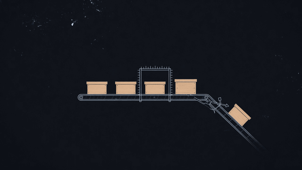 Illustration of wooden boxes moving along a conveyor belt through a measuring gate, with one