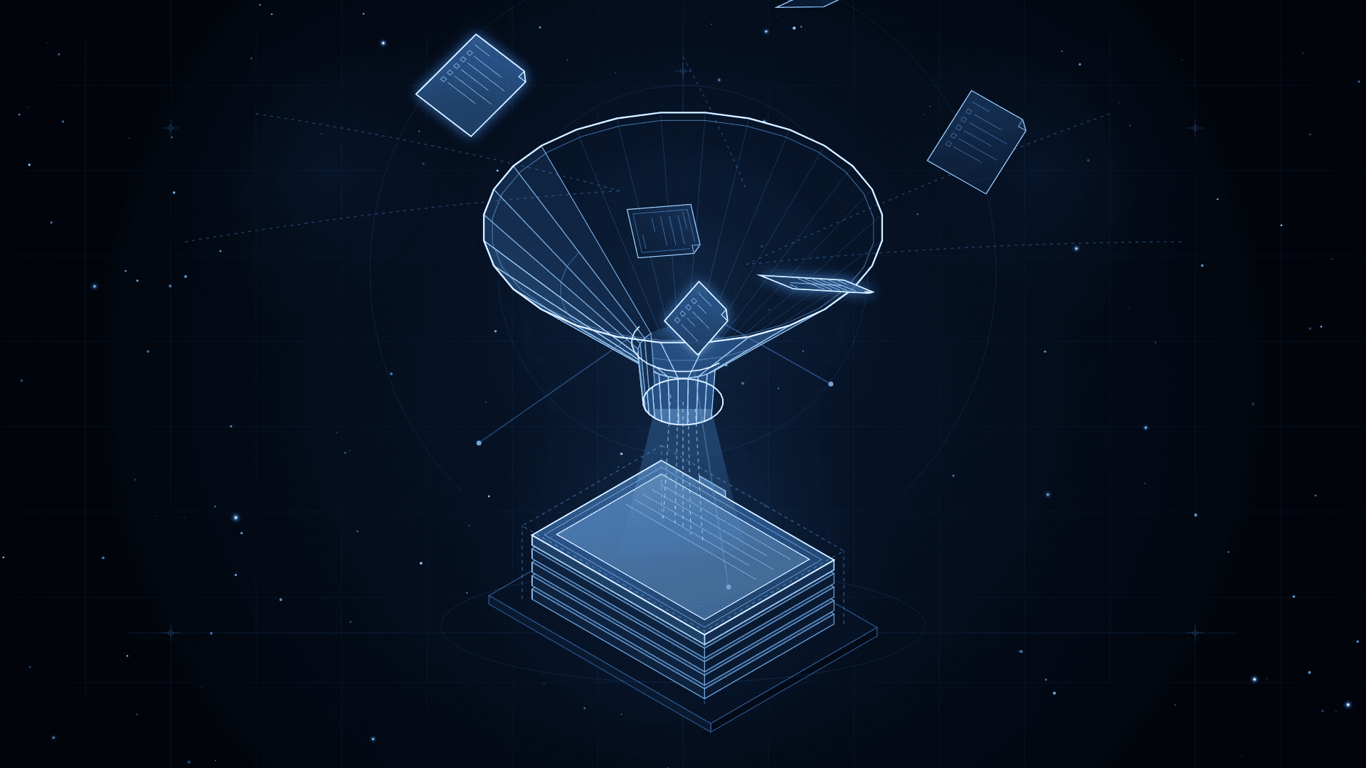 Illustration of scattered loose paper forms funneling down into one neat, squared-off stack of