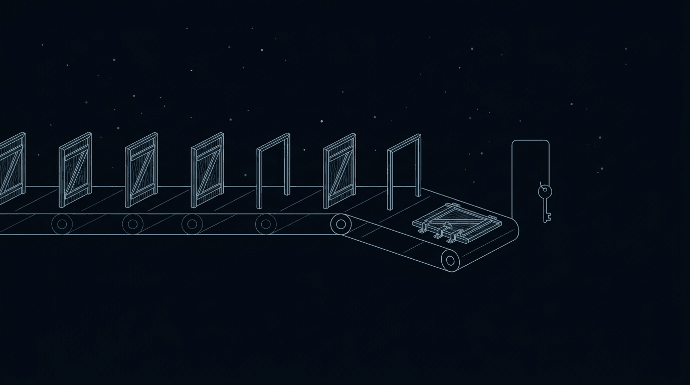 Illustration of a conveyor belt lined with small wooden gates. Most of the gates stand open, but