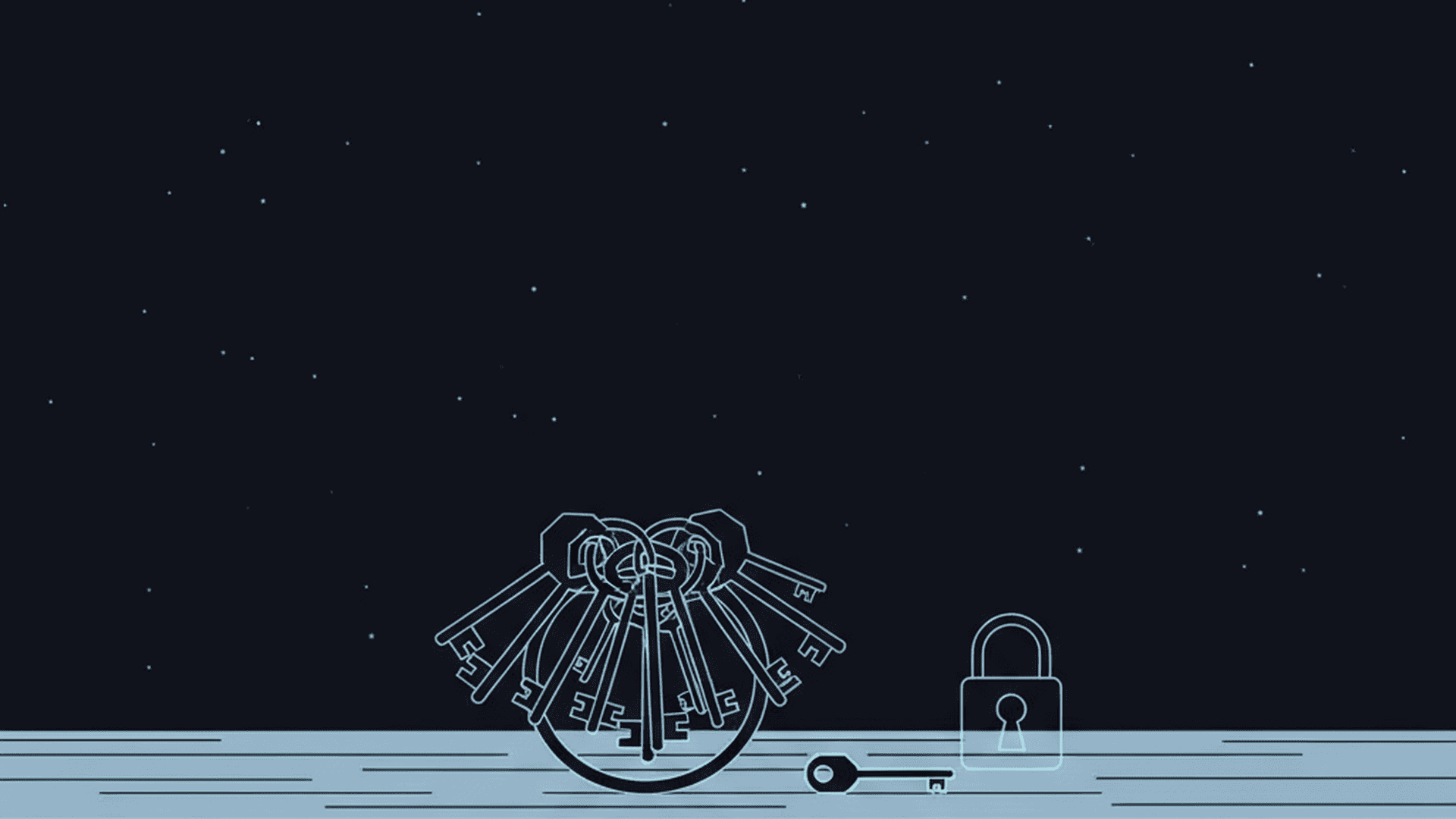 A crowded ring of many different keys next to a single plain key, both resting on a plain wooden