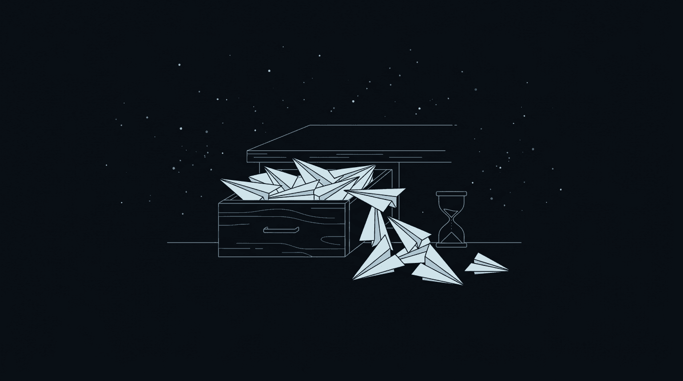 Illustration of a desk drawer overflowing with many identical paper airplanes next to a nearly empty hourglass, representing repeated tasks eating up time.