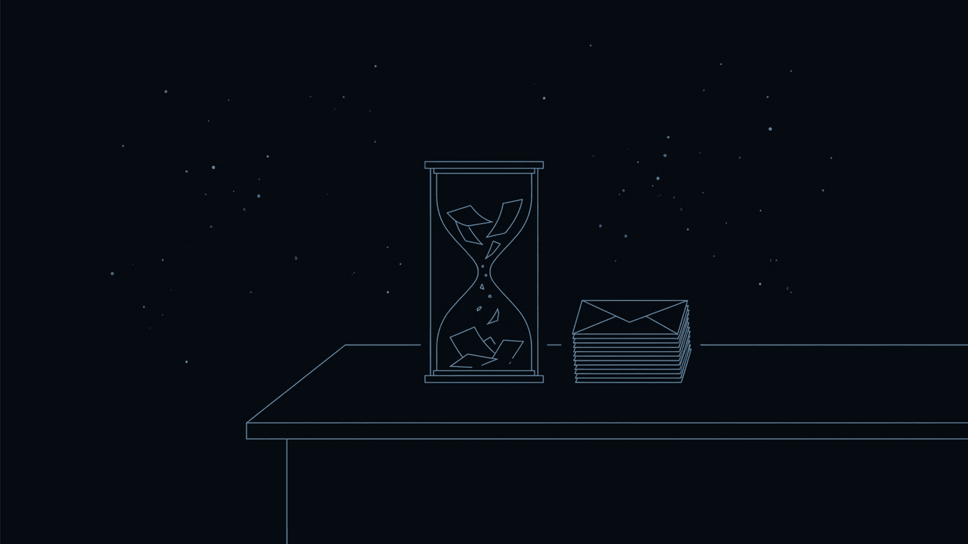 An hourglass filled with loose paper scraps instead of sand, standing next to a small stack of