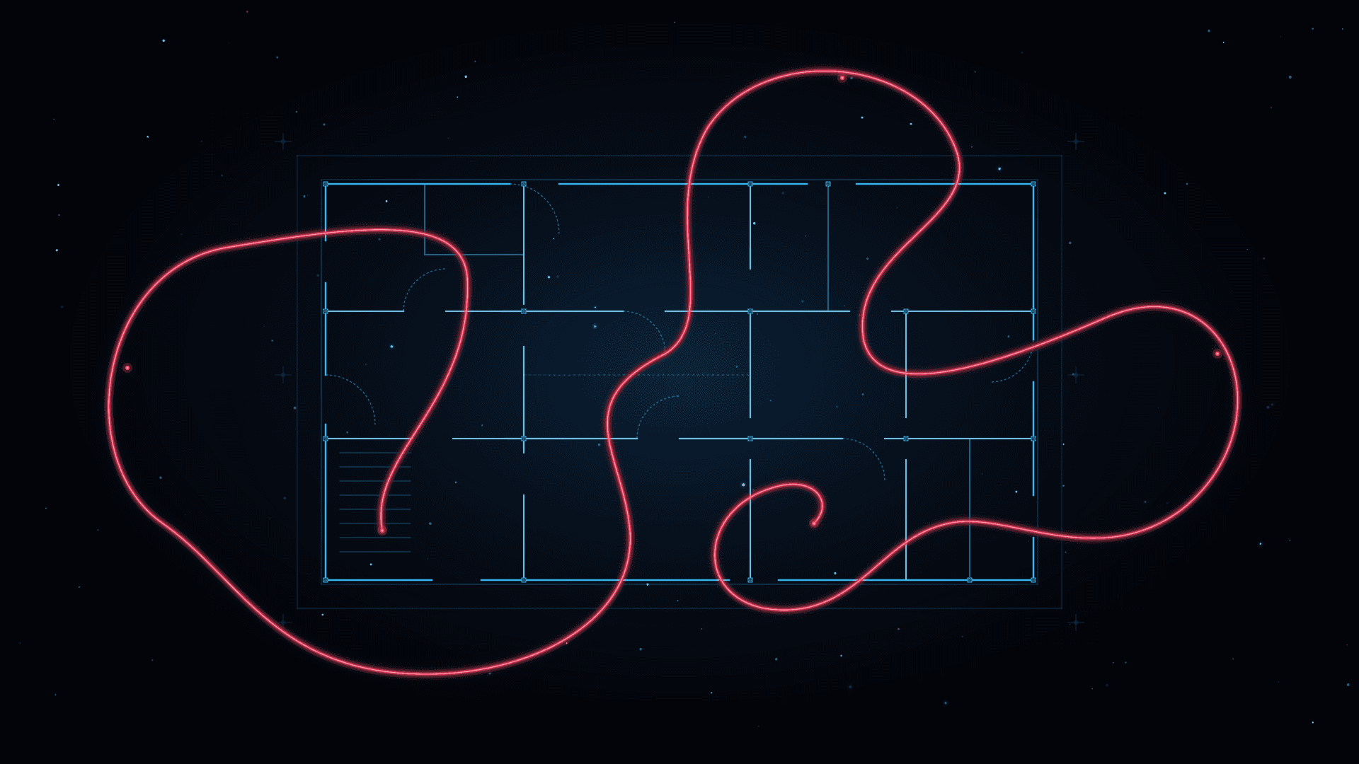 An architectural floor plan of neat rectangular rooms overlaid with a tangled red thread that