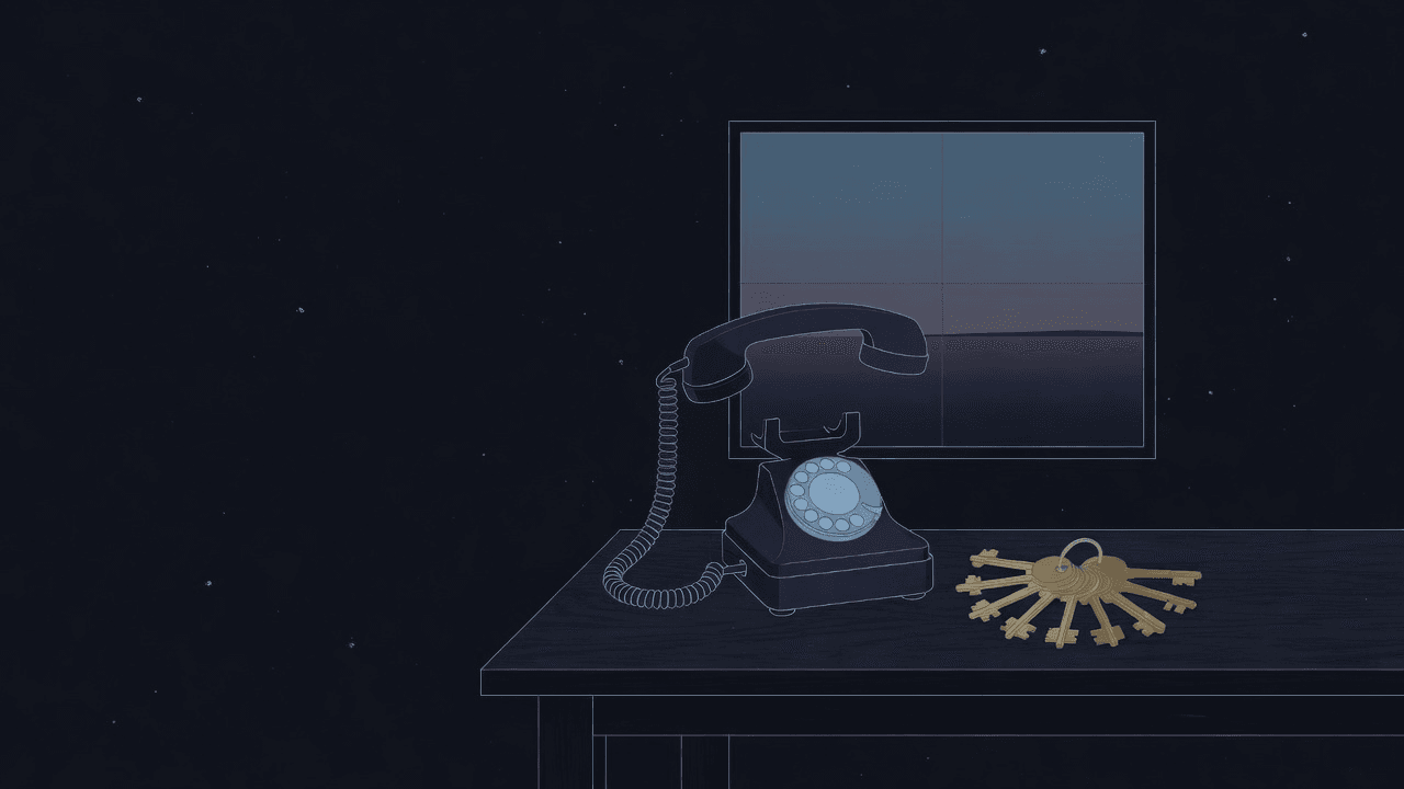 A desk telephone with a slightly raised handset on a dark desk at night, next to a fan of small