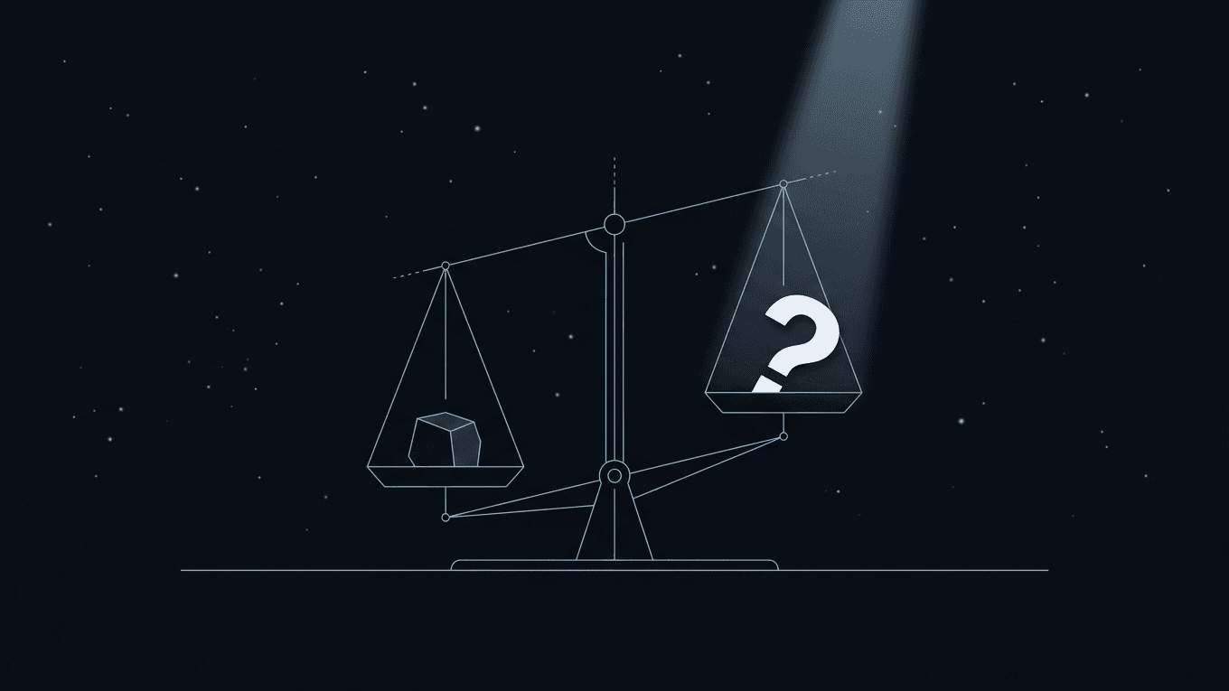 Illustration of a balance scale weighing a solid stone block against a paper question-mark cutout