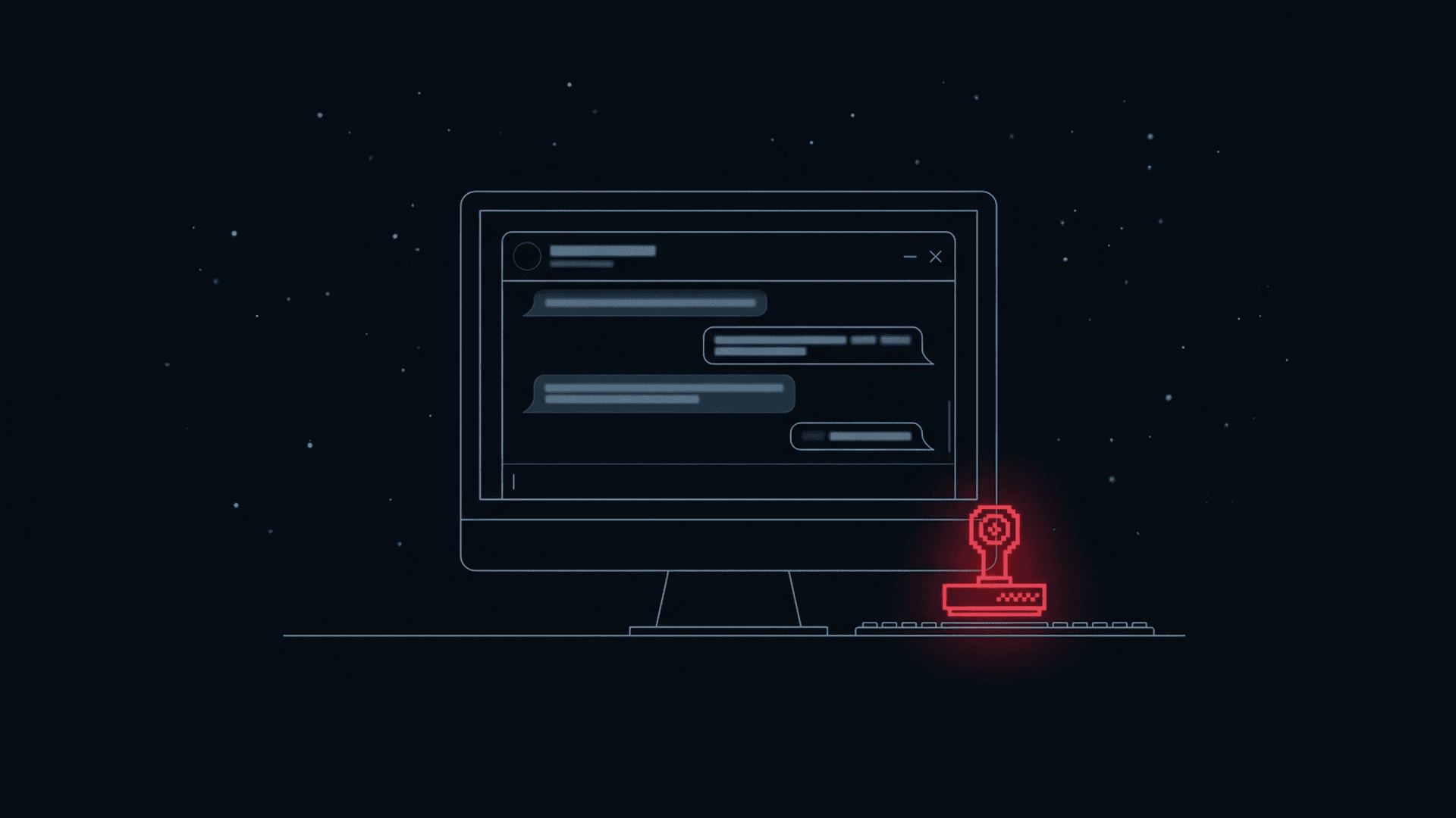 Computer monitor showing a blurred chat conversation with a red canceled stamp on the desk next to