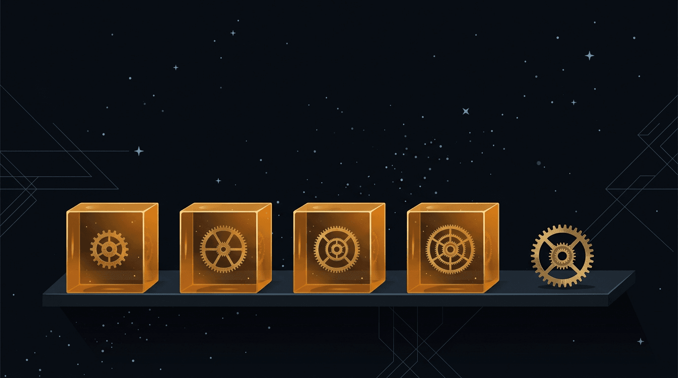 Illustration of transparent amber blocks in a row, each containing a preserved brass gear, with the