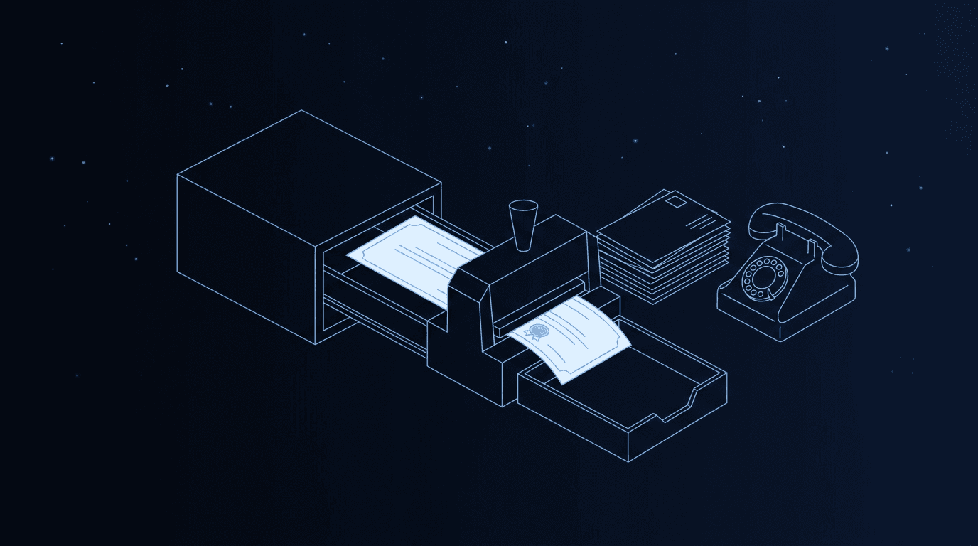 Illustration of a document moving from a filing drawer through an automatic stamping press into an