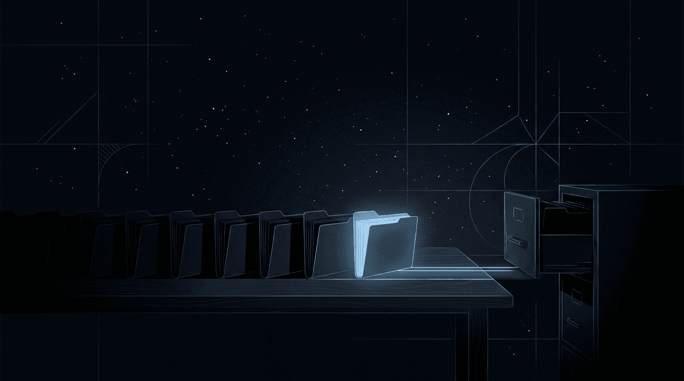 Illustration of a single glowing folder sliding forward along a track toward an open filing cabinet, while several identical folders remain stationary in shadow nearby.