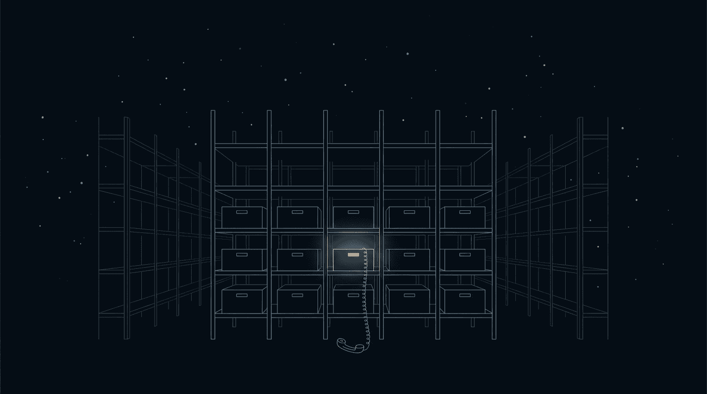 An overhead-style illustration of dim steel warehouse shelving with one storage bin lit up, and a