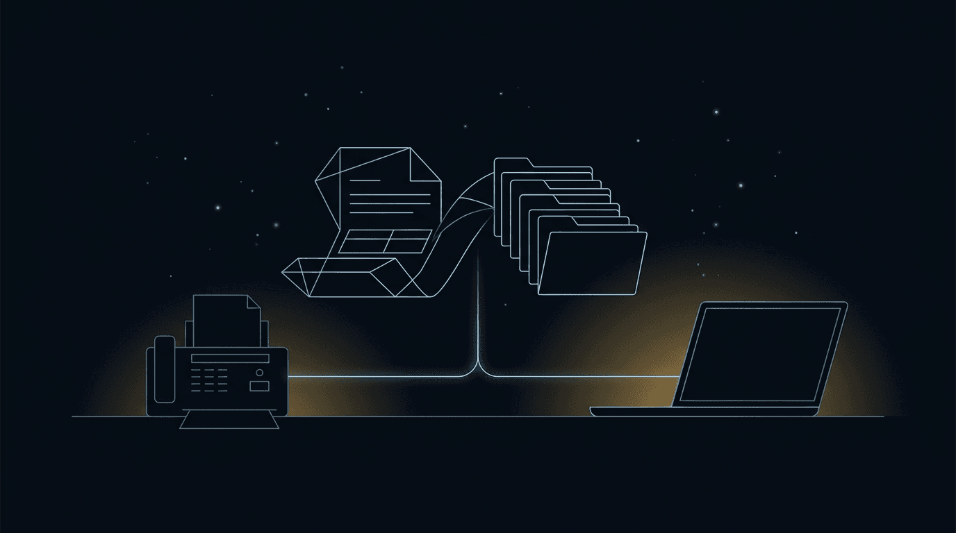 Illustration of a paper referral form dissolving into a row of aligned digital folder icons, linked by a glowing line between a fax machine and a laptop, no visible text or people.