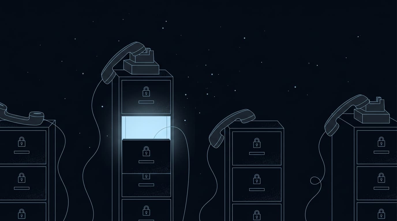 Illustration of multiple phone handsets left off the hook, their cords running into separate locked