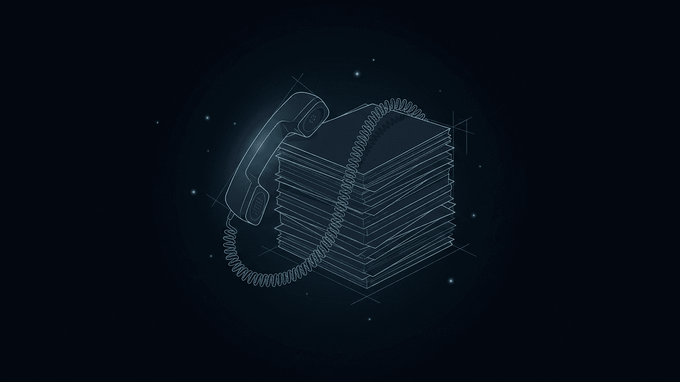 Still-life photo of a telephone receiver off the hook, its cord looping through a tall stack of