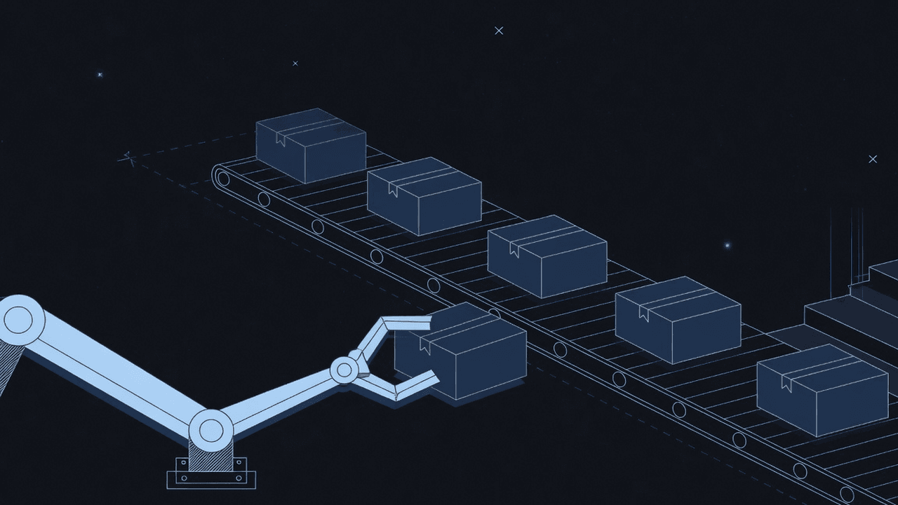 An illustration of a conveyor belt moving a steady line of packages, with a mechanical arm guiding