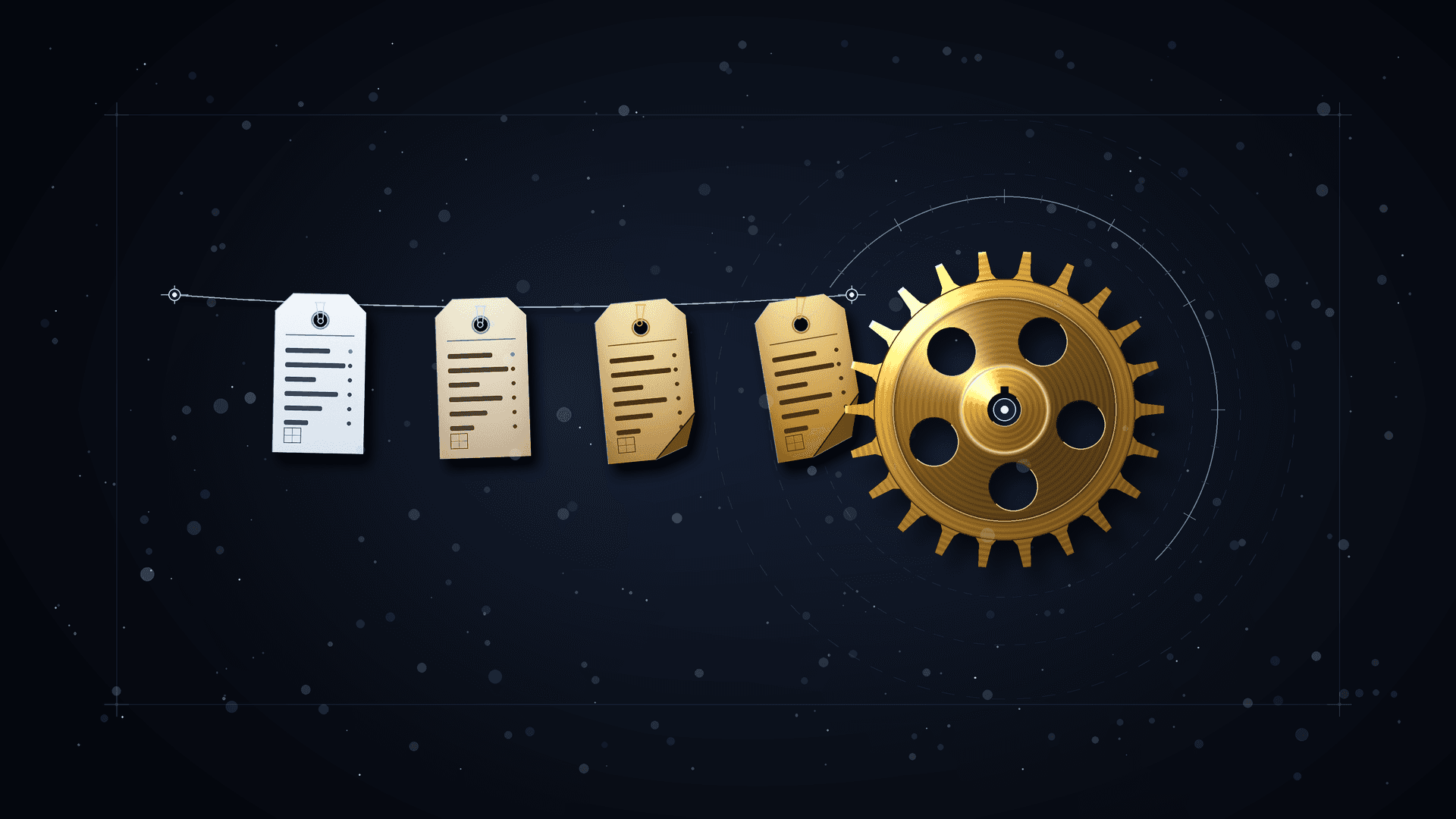 Illustration of aging paper tags clipped along a string next to a smooth brass gear turning on its own.