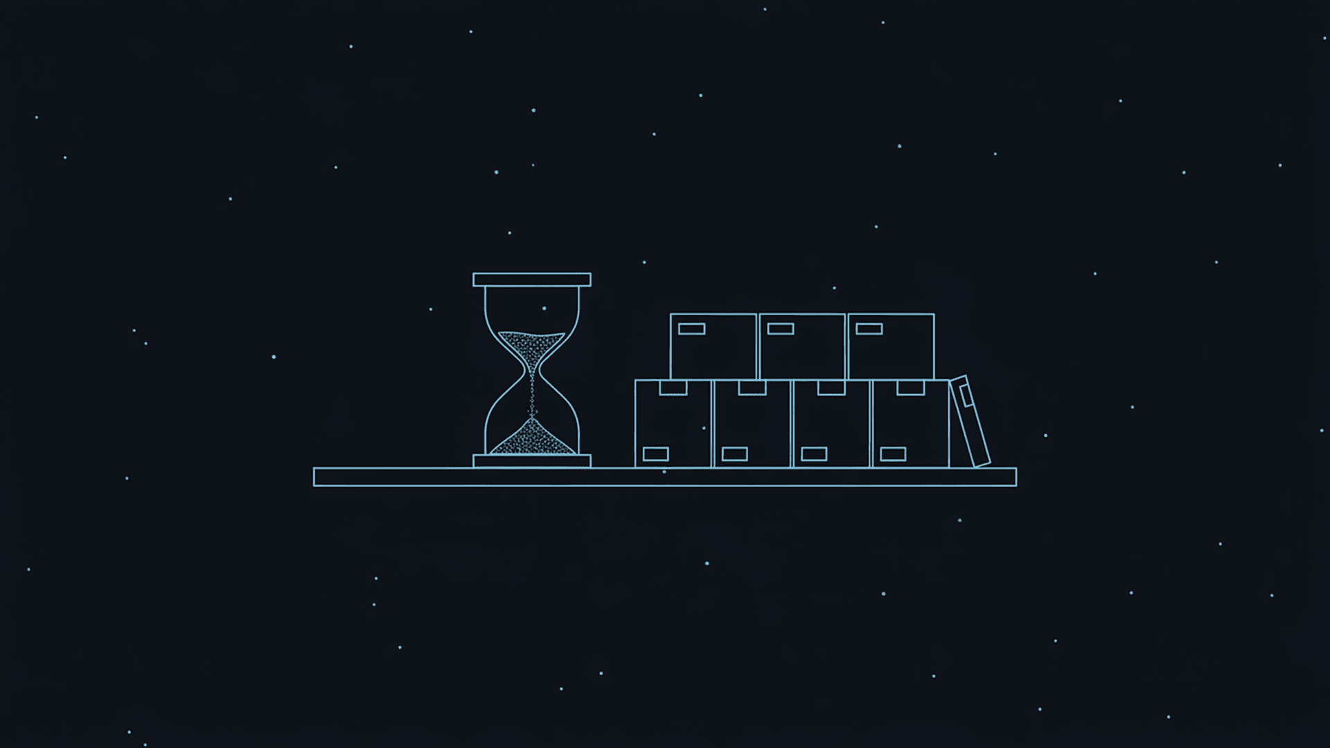 An hourglass on a warehouse shelf next to a row of identical boxes, sand caught mid-fall, with one