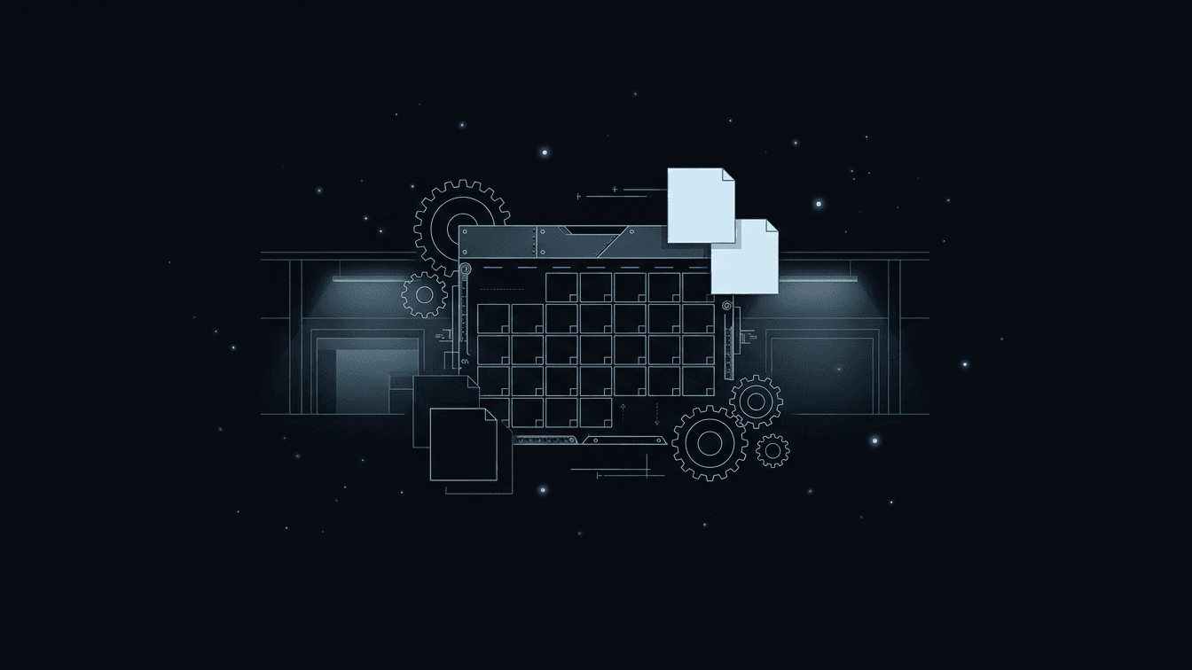 A mechanical service calendar made from gears and work-order cards beside an empty equipment