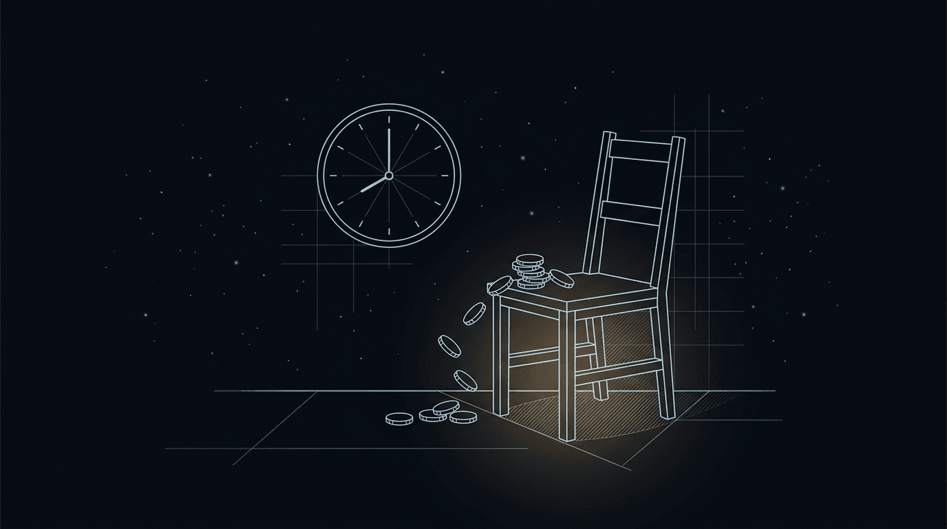 An empty wooden chair lit by warm afternoon light next to a wall clock, with coins spilling off the