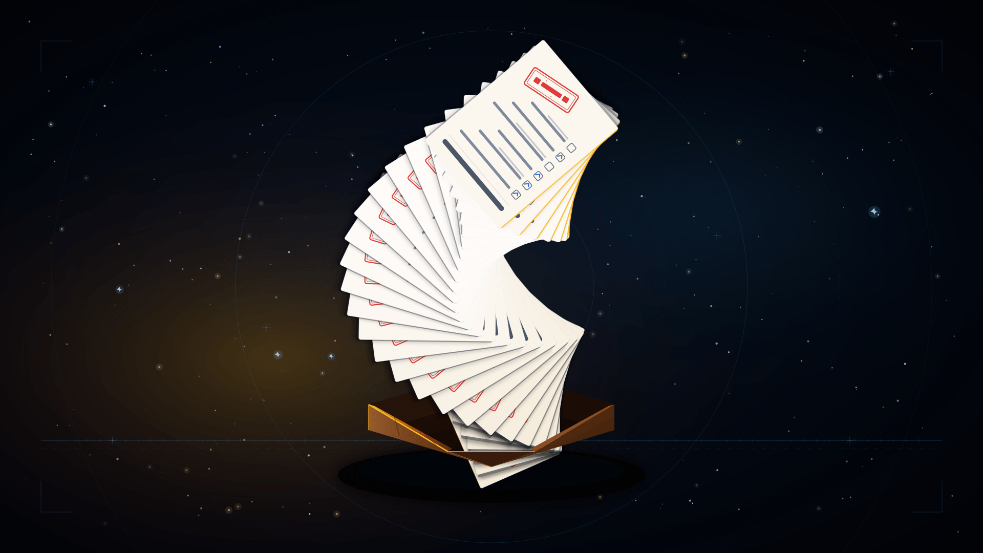 An overflowing in-tray stacked with identical paper checklists spiraling upward, lit warmly from