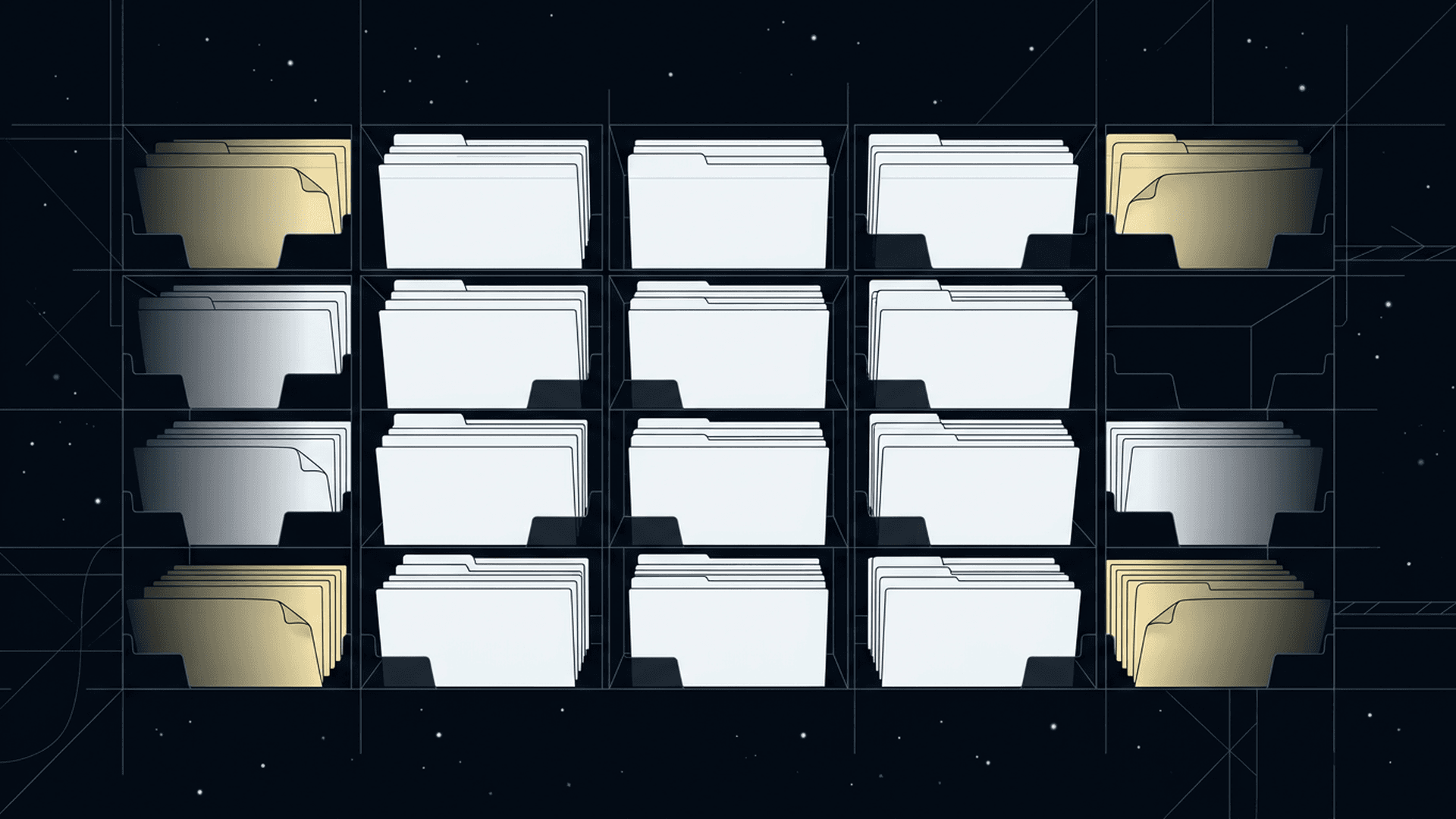 A wall of filing slots holding index cards, most crisp white, with several yellowed and curling at