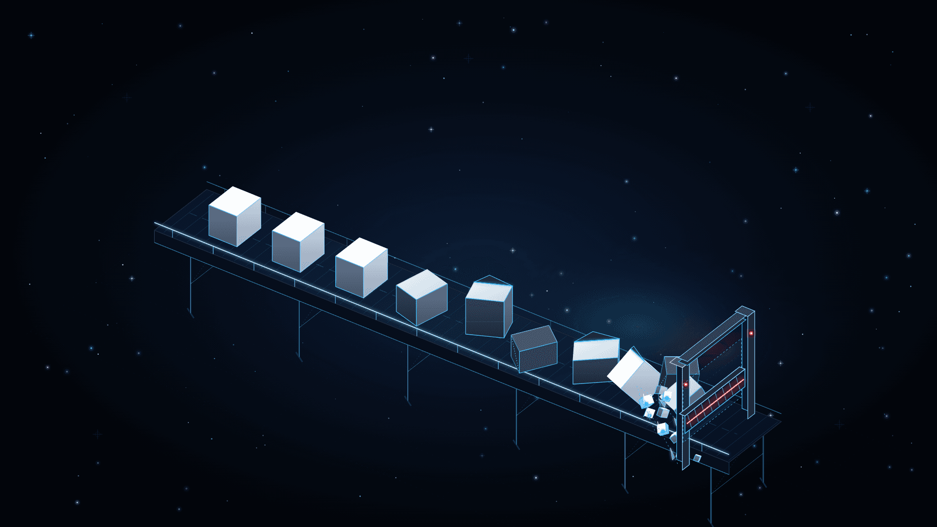 Illustration of a conveyor belt where neat identical boxes turn into a jumble of mismatched, torn parcels, with one box tipped over near a closed gate.