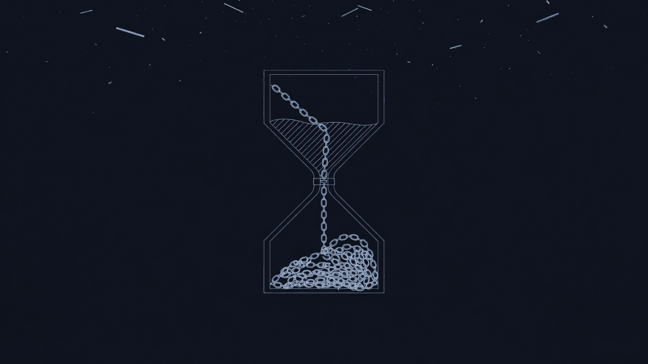 Close-up illustration of an hourglass where the falling sand has become small metal chain links